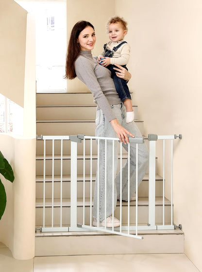 44.72"-46.89" Baby and Pet Safety Gate, 30" Tall Metal Walk-Thru Gate for Doorways & Stairs, Easy One-Hand Open, Dual Lock, Extensions & Wall Mounts Included (Brown, 29"-46" W x 30.5“H)