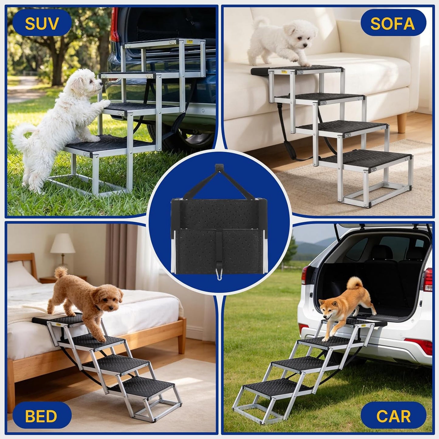 Foldable Dog Ramp for Car - Lightweight Aluminum Dog Stairs for Large Dogs, 5-Step Dogs Ladder for SUV/Truck/Indoor Bed and Sofas, Portable Pet Steps with 154 lbs Capacity