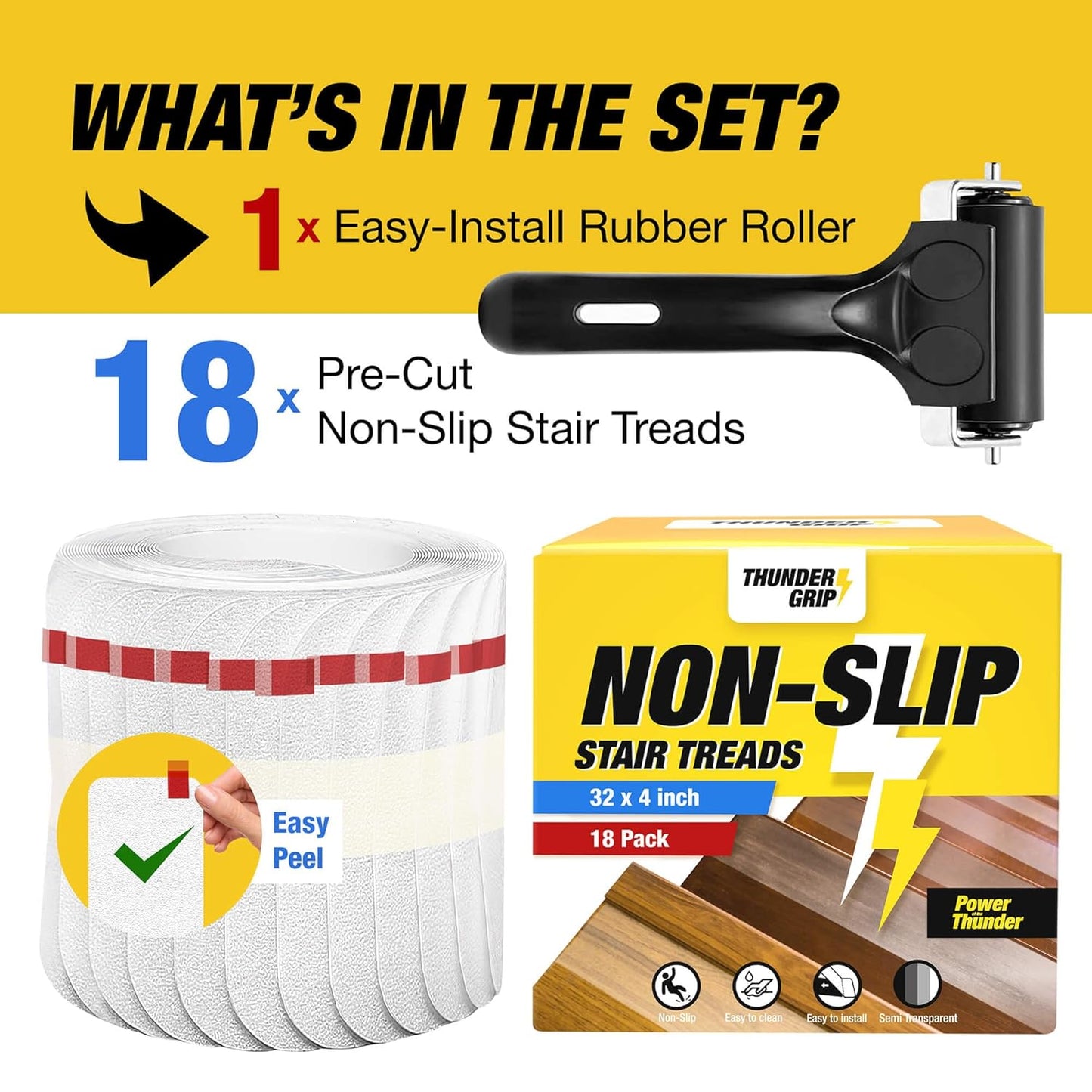 Clear Stair Treads Non-Slip 24"x4" - 18-Pack Indoor Stair Grips Non Slip for Wooden Steps - Anti Slip Adhesive Strips for Dogs & Elderly - Staircase Step Treads - Transparent Treads for Wood Stairs