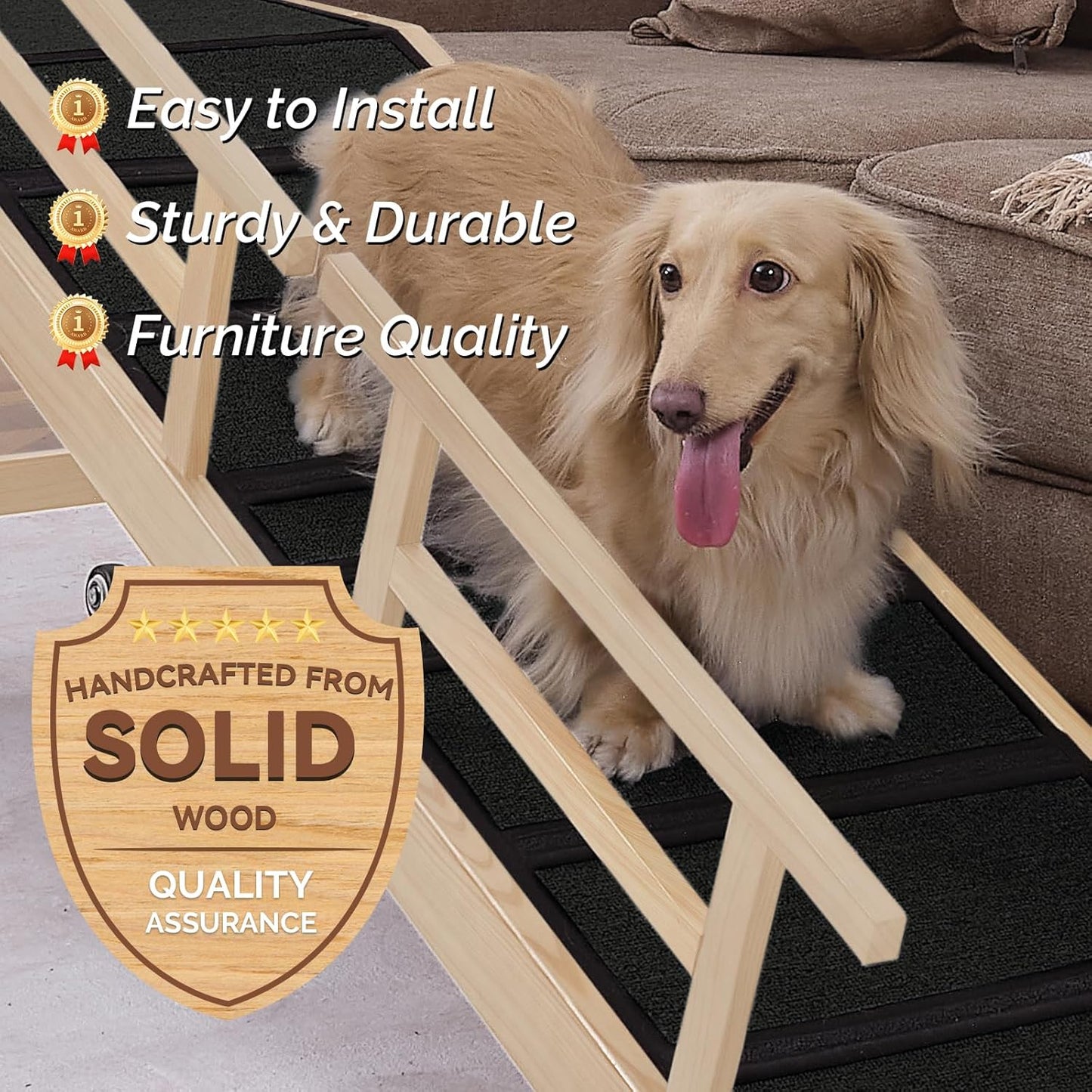 Dog Ramp for Bed or Couch, Wooden Pet Ramp with 20° Gentle Slope, Removable Side Rails, Non-Slip Surface, Top Platform & Wheels, Safe Bed Ramp for Small, Large & Senior Dogs, 60" Long, Mahogany