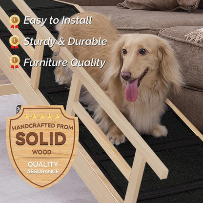 Dog Ramp for Bed or Couch, Wooden Pet Ramp with 20° Gentle Slope, Removable Side Rails, Non-Slip Surface, Top Platform & Wheels, Safe Bed Ramp for Small, Large & Senior Dogs, 60" Long, Mahogany