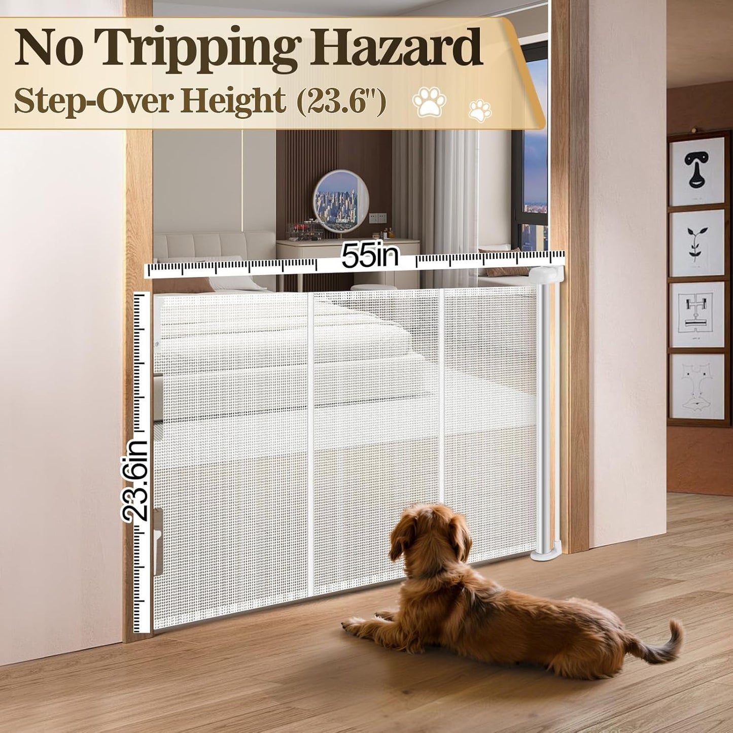 2 Pack Short Dog Gate Pet Gates Puppy Gate 14" H 59" Wide Step Over Pet Fence, Mesh Retractable Indoor Outdoor Expands Up to 59 Inches Small Dog Gates for Doorways Stairs