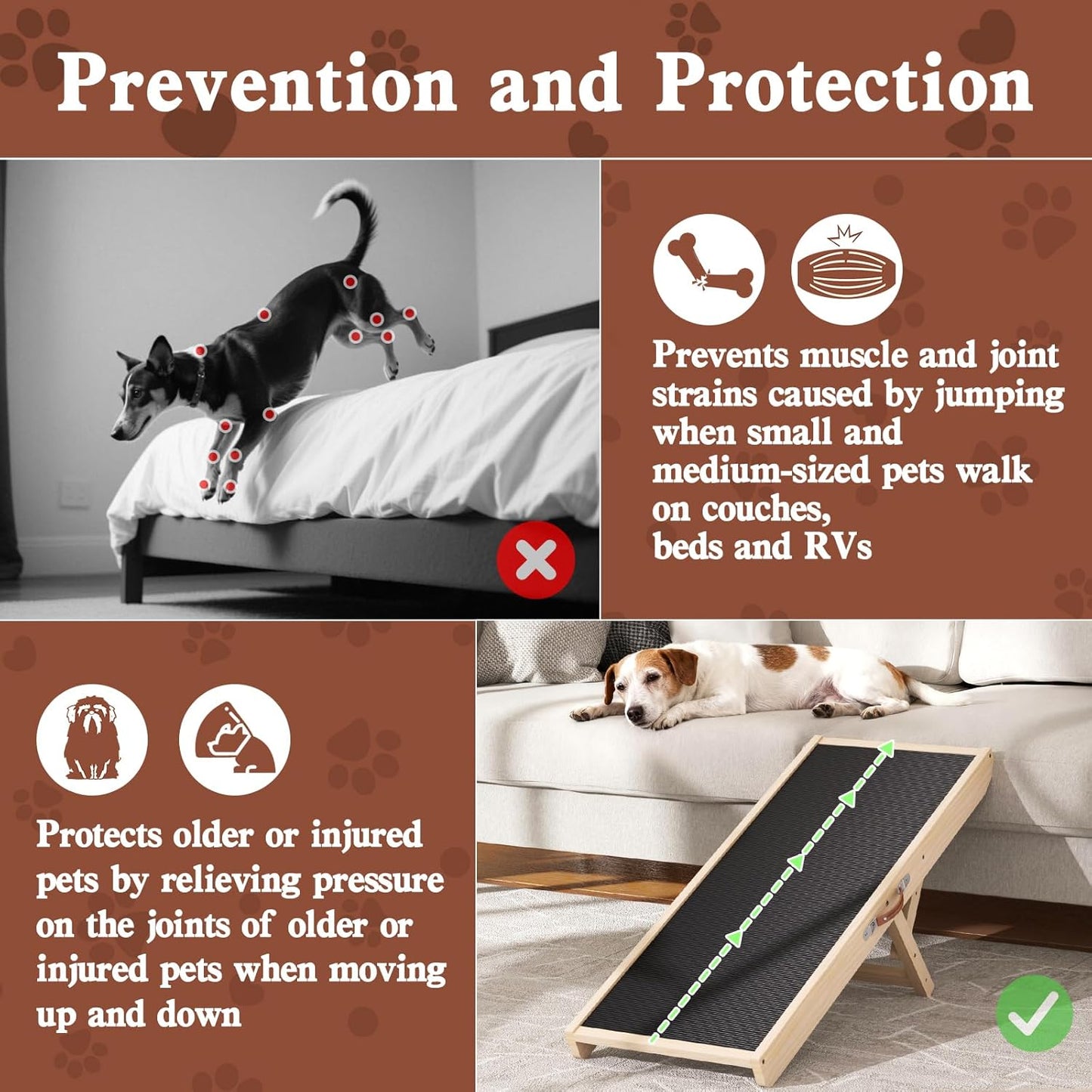 Dog Ramp for High Bed, Couch, Car, Pet Ramps 55.12" Long Adjustable 19.3"-27.17" Wooden Dog Step with Anti-slip Rubber Mat & Safety Side Rails for Small Medium Large Older Pets, up to 250 lbs