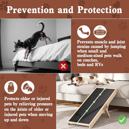 Dog Ramp for High Bed, Couch, Car, Pet Ramps 55.12" Long Adjustable 19.3"-27.17" Wooden Dog Step with Anti-slip Rubber Mat & Safety Side Rails for Small Medium Large Older Pets, up to 250 lbs