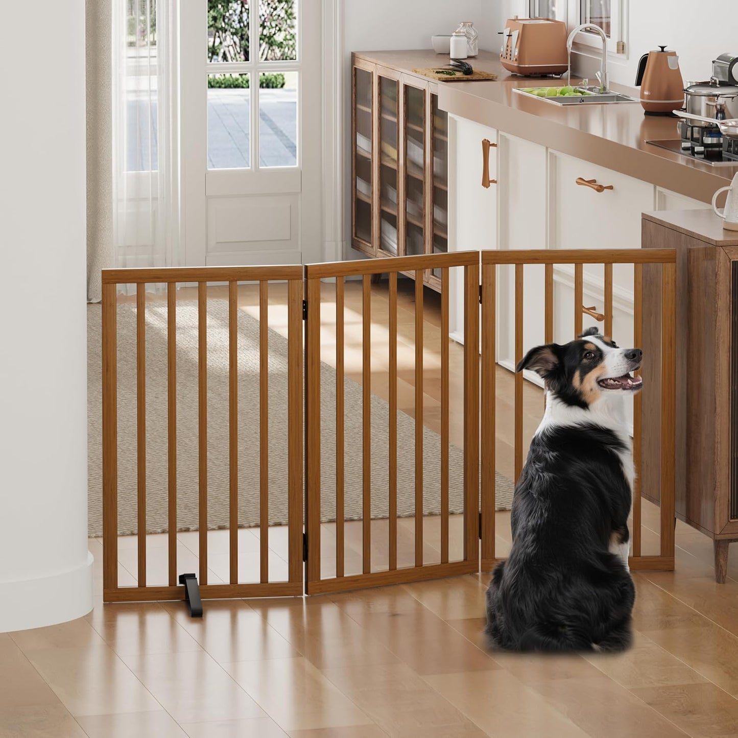 Freestanding Foldable Dog Gate - 4 Panel Room Divider with Metal Support Feet (Black)
