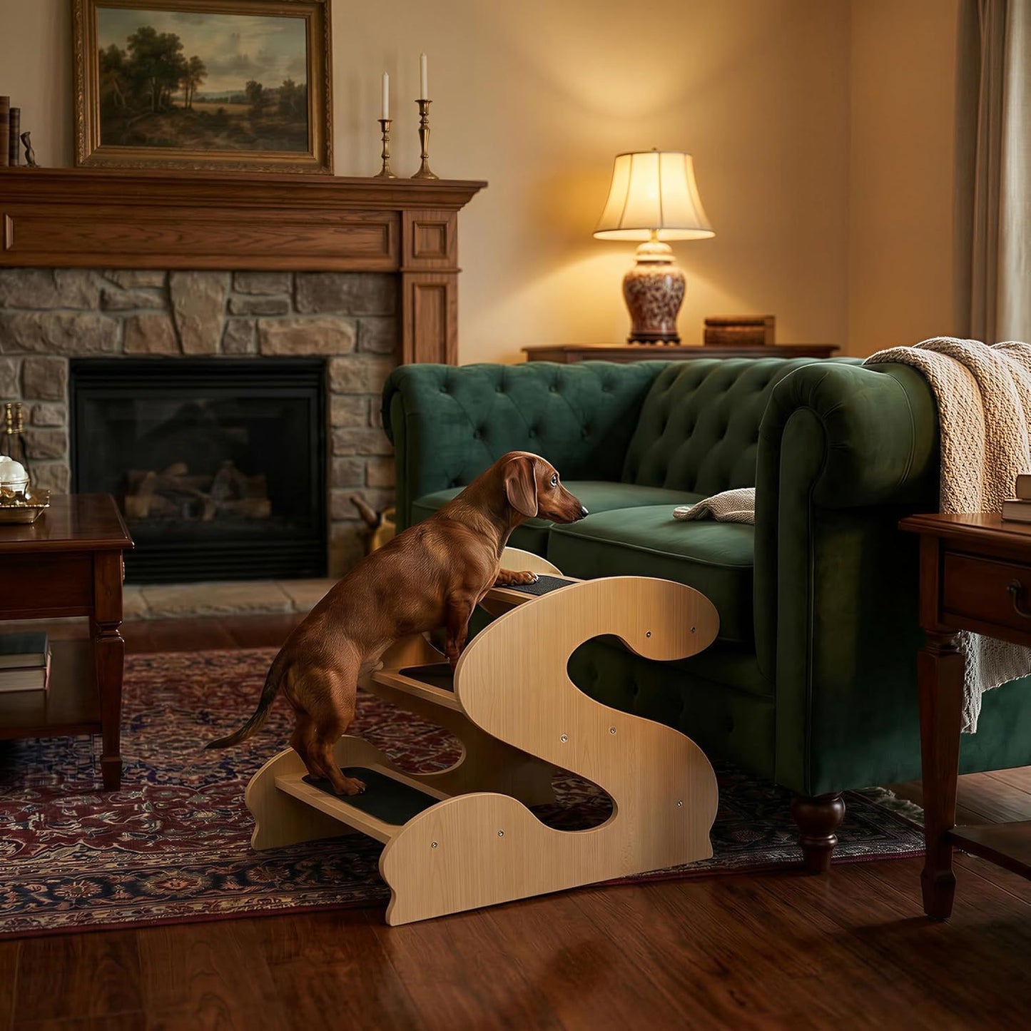 Wooden Dog Stairs Steps for Bed,3Steps,Small or Senior Dogs for Pet LUNDERLAND Design,16¾"Wx23¼Dx19⅜H RedWalnutWood GrainPattern