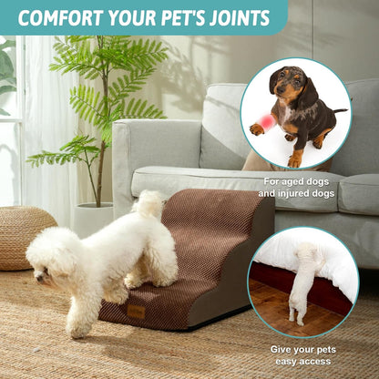 COZY KISS Dog Stairs for Small Dogs 15.7" H, Curved Dog Step for Puppy, Older Cat, Medium Pet Ramp for Sofa, Couch or Chair, Ladder with High Density Foam, 3 Step, 15.7x22.4x15.7 inch, Beige