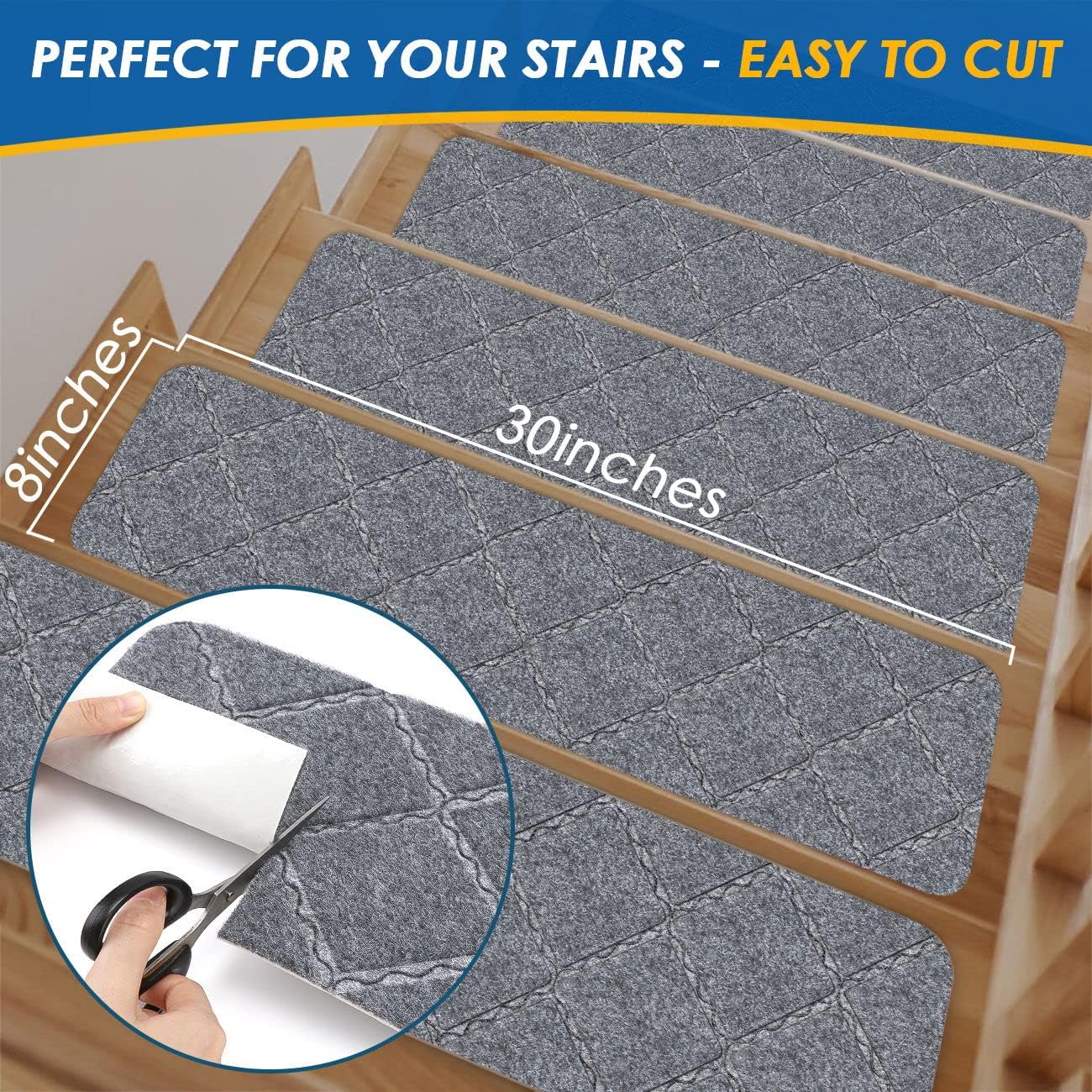 RIOLAND Stair Treads Carpet Non-Slip Indoor 15 PCS Wood Stair Treads Rugs Anti Moving Modern Stair Runners Safety for Kids Dogs, 8" X 30", Diamond Gray