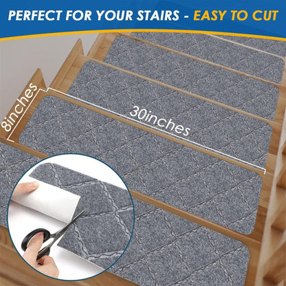 RIOLAND Stair Treads Carpet Non-Slip Indoor 15 PCS Wood Stair Treads Rugs Anti Moving Modern Stair Runners Safety for Kids Dogs, 8" X 30", Diamond Gray