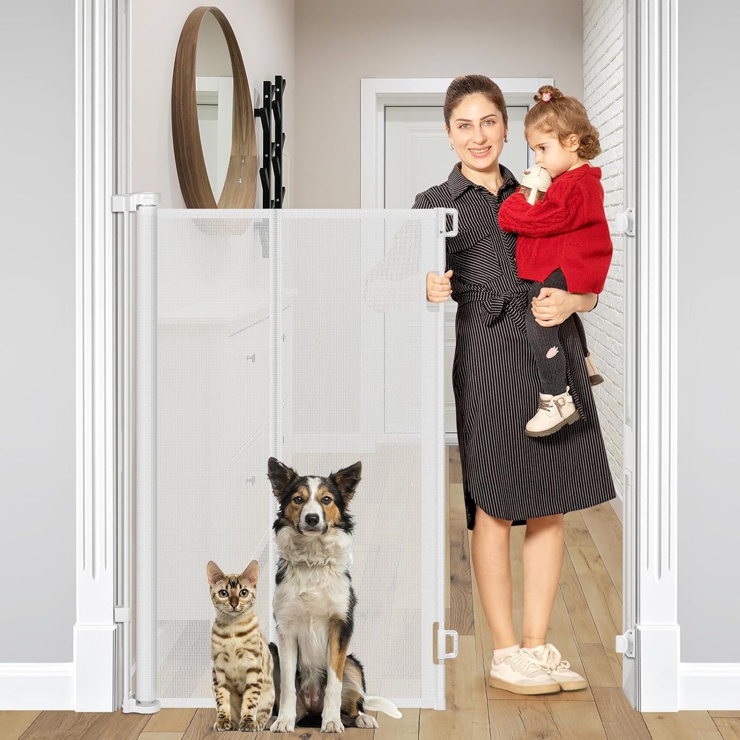 Reinforced 48" Extra Tall Pet Gate with Support Rods, 4 Ft Tall Retractable Baby Gates for Doorways 55" Wide Mesh Dog Gate Indoor Outdoor - Prevent Baby/Pet from Jumping Over, Black