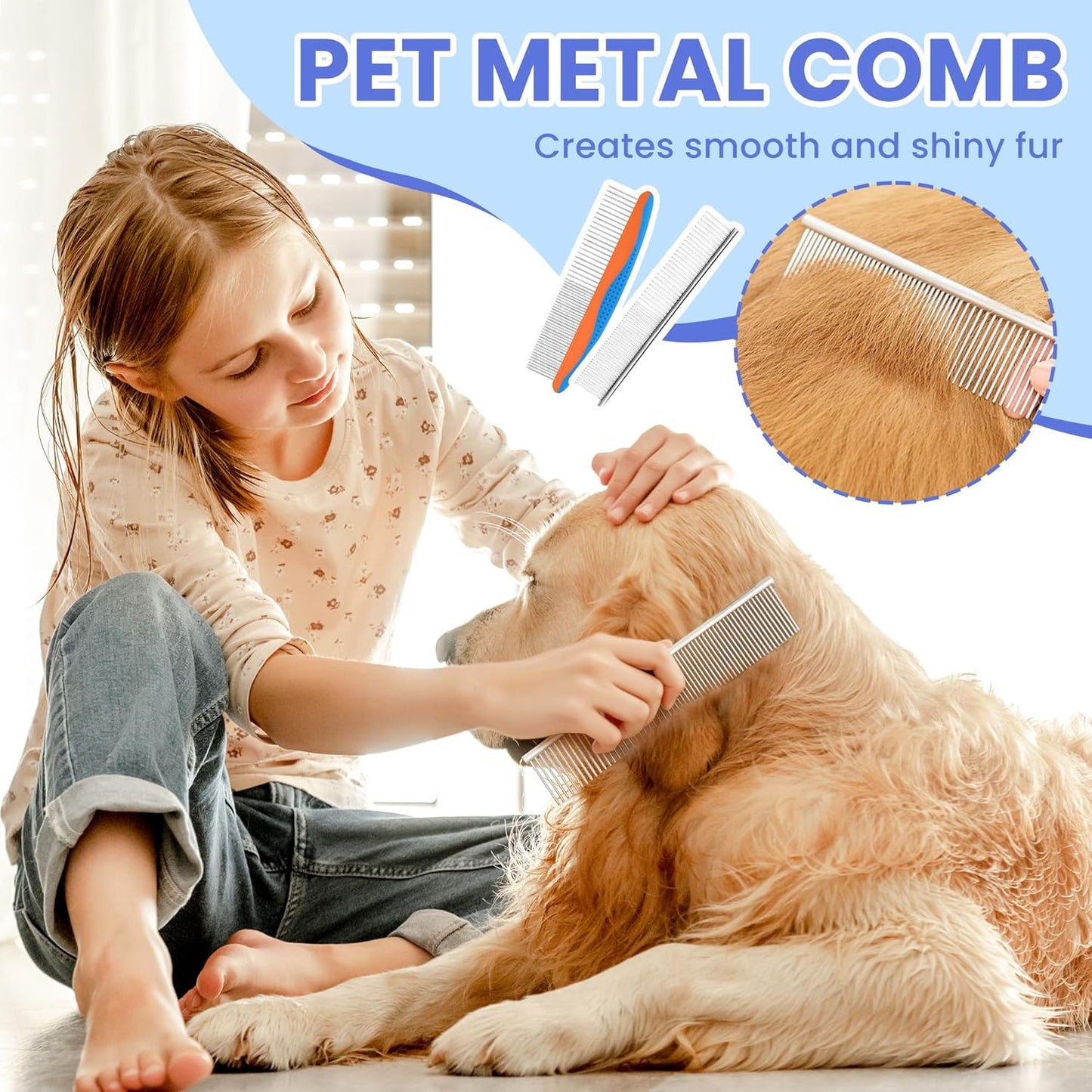 Self Cleaning Shedding Brush - 5-in-1 Professional Pet Grooming Kit Skin Friendly Grooming Tool for Dogs, Cats, and Puppies, Deshedding and Hair Removal for Long and Short Haired Pets, Blue