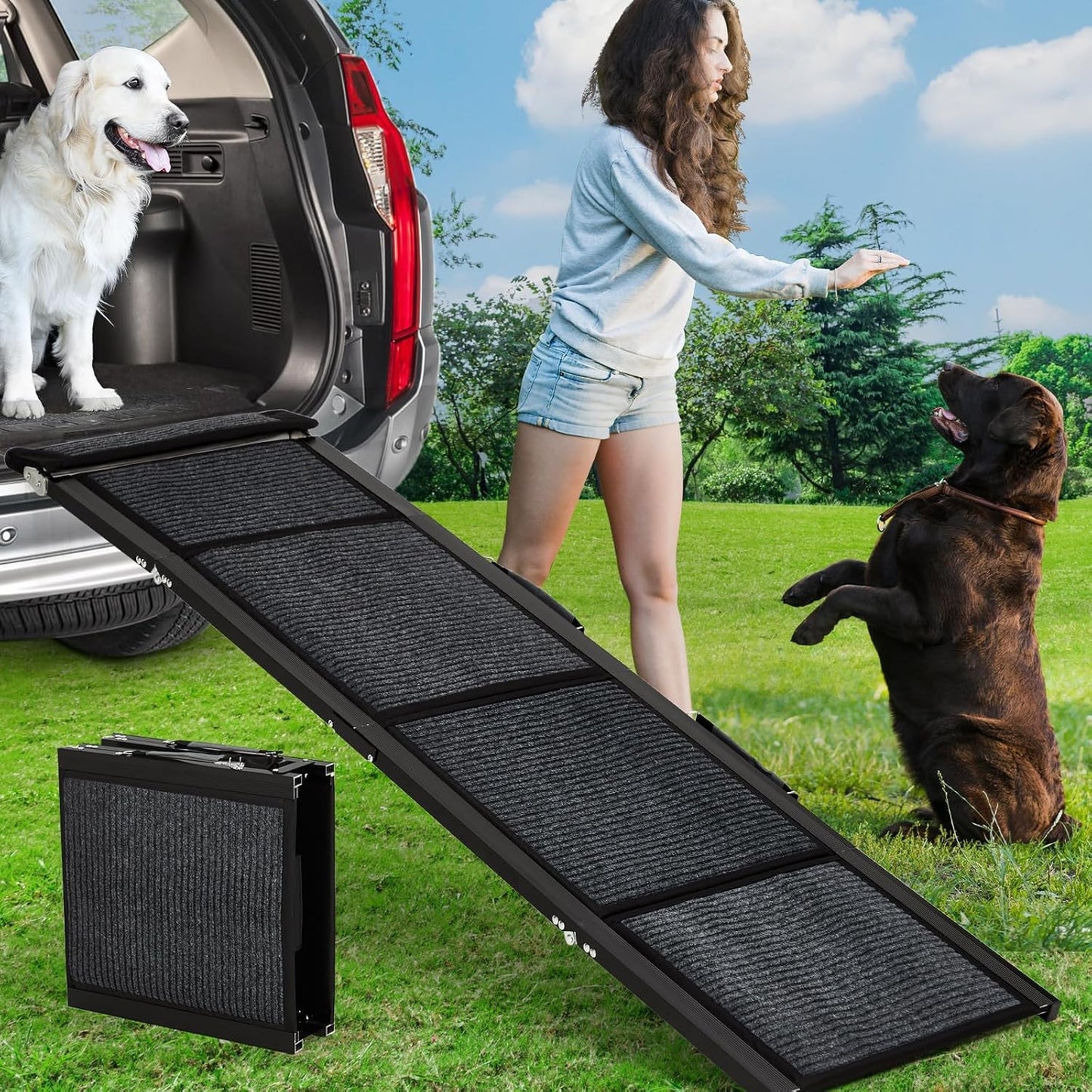 Dog Ramp for Car, 63" Long & 20" Wide Folding Dog Ramps for Car, Portable Pet Car Ramp with Non-Slip Surface, Outdoor Dog Car Ram-p Up to 250 LBS, Extra Wide Steps for SUV Car & Truck