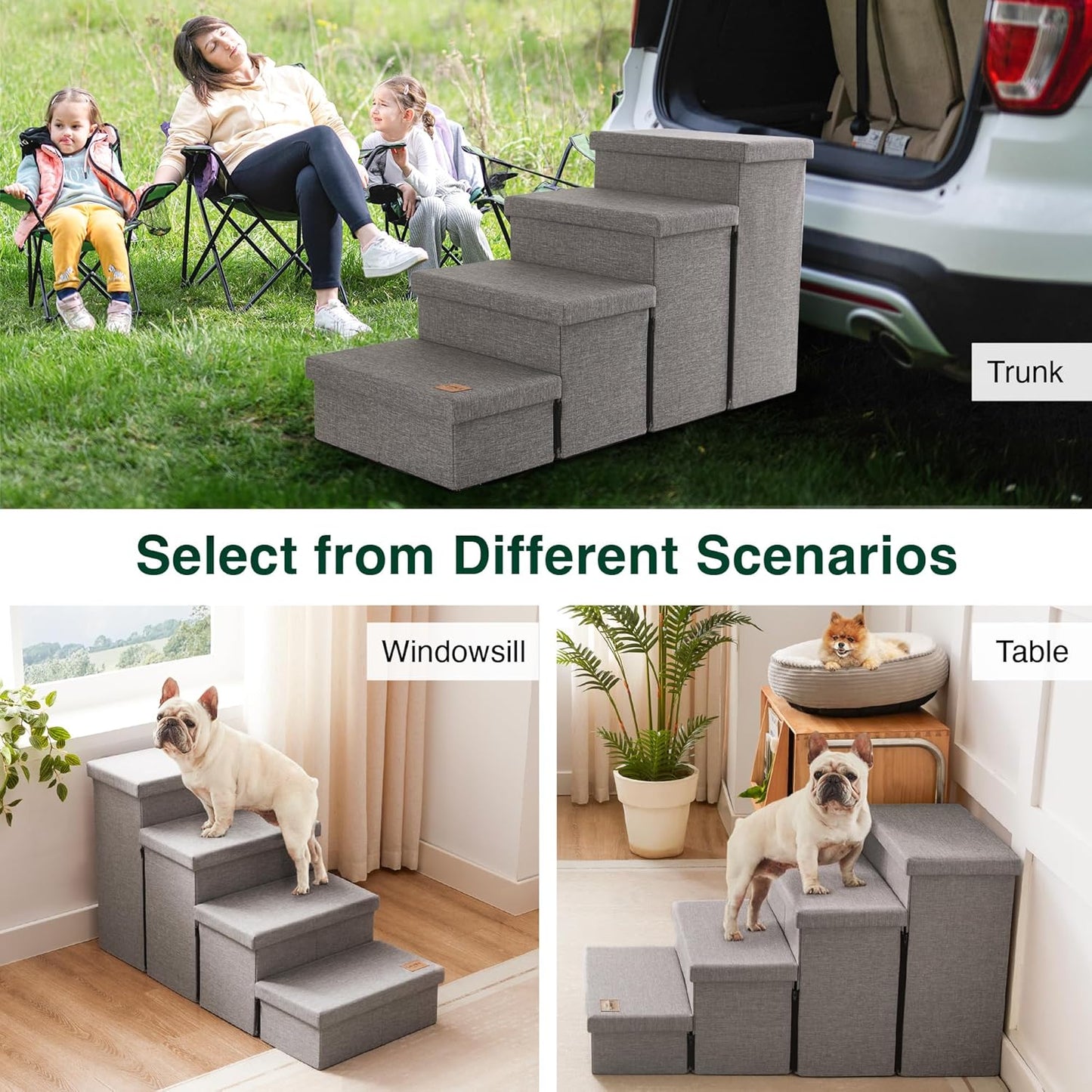 Love's cabin Dog Stairs with Storage 13" H, Foldable Pet Stairs for Small Medium or Large Dogs, Cat Puppy Steps Ramp with Zip up to 150 lbs, Solid Grey, 2 Steps