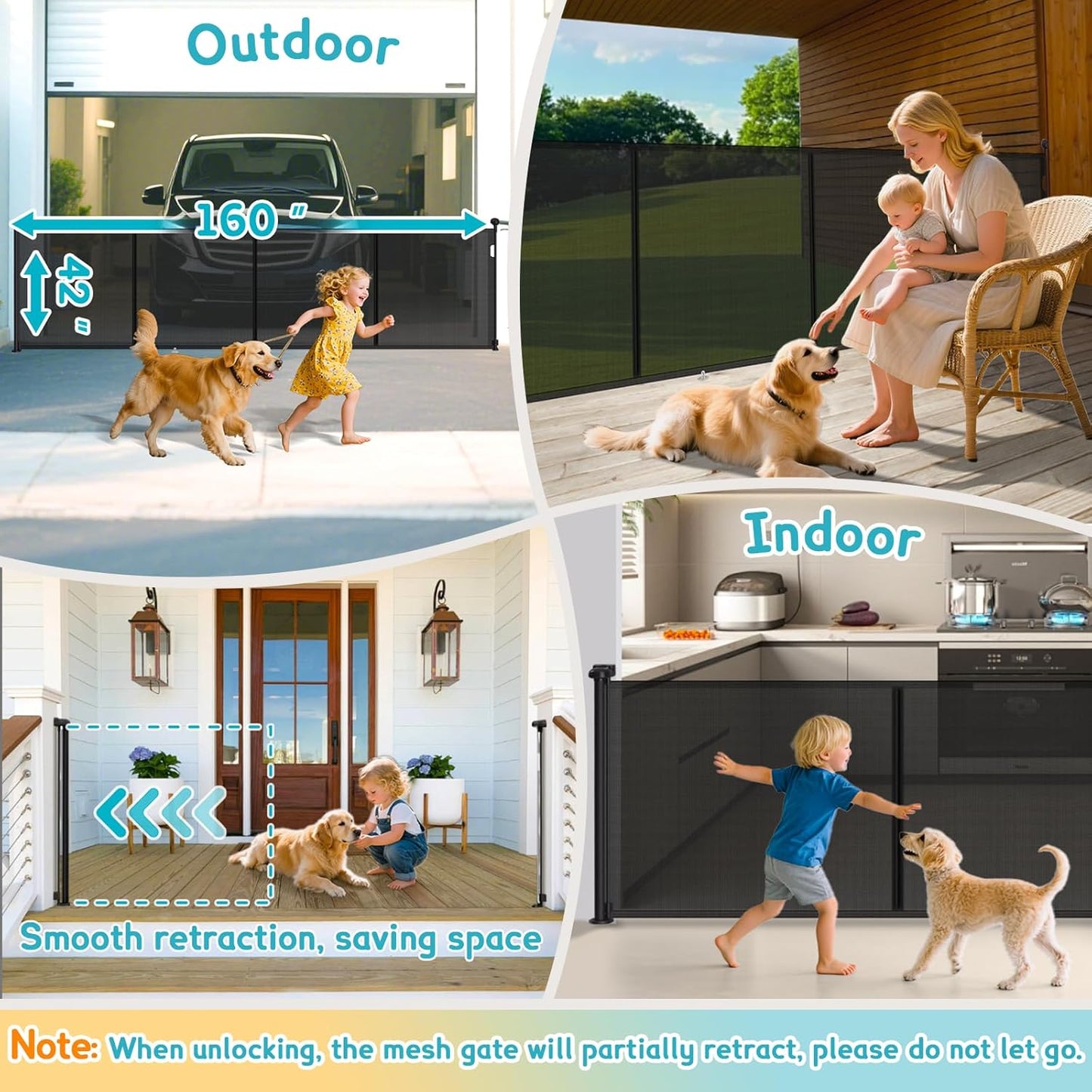 160 Inch Retractable Baby Gates Extra Wide, 42 Inch Extra Tall Retractable Gate, 13 FT Reinforced Retractable Dog Gate with Reinforcement Rod to Prevent Crawling Through, for Doorways, Stairs, Hallway