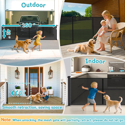 160 Inch Retractable Baby Gates Extra Wide, 42 Inch Extra Tall Retractable Gate, 13 FT Reinforced Retractable Dog Gate with Reinforcement Rod to Prevent Crawling Through, for Doorways, Stairs, Hallway