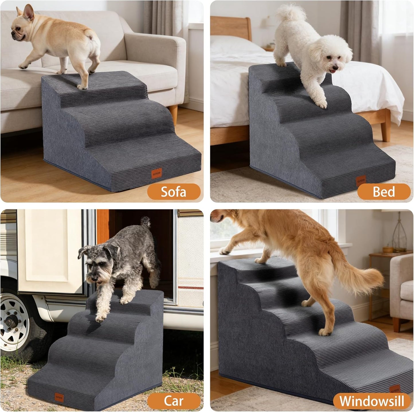 Dog Stairs for Small Dogs and Cats, 15.7" H, 3-Step Curved Pet Ramp for Couch Sofa and Chair, Non-Slip Medium Pet Steps with High Density Foam, Beige