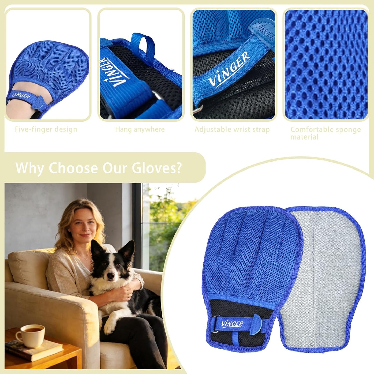 VINGER Pet Hair Removal Glove for Cats & Dogs, Electrostatic Pet Hair Gloves with Adjustable Wristband, Five-Finger Magic Brush Remover Tool for Laundry, Carpet, Couch, Car Seats & Clothing (Black)