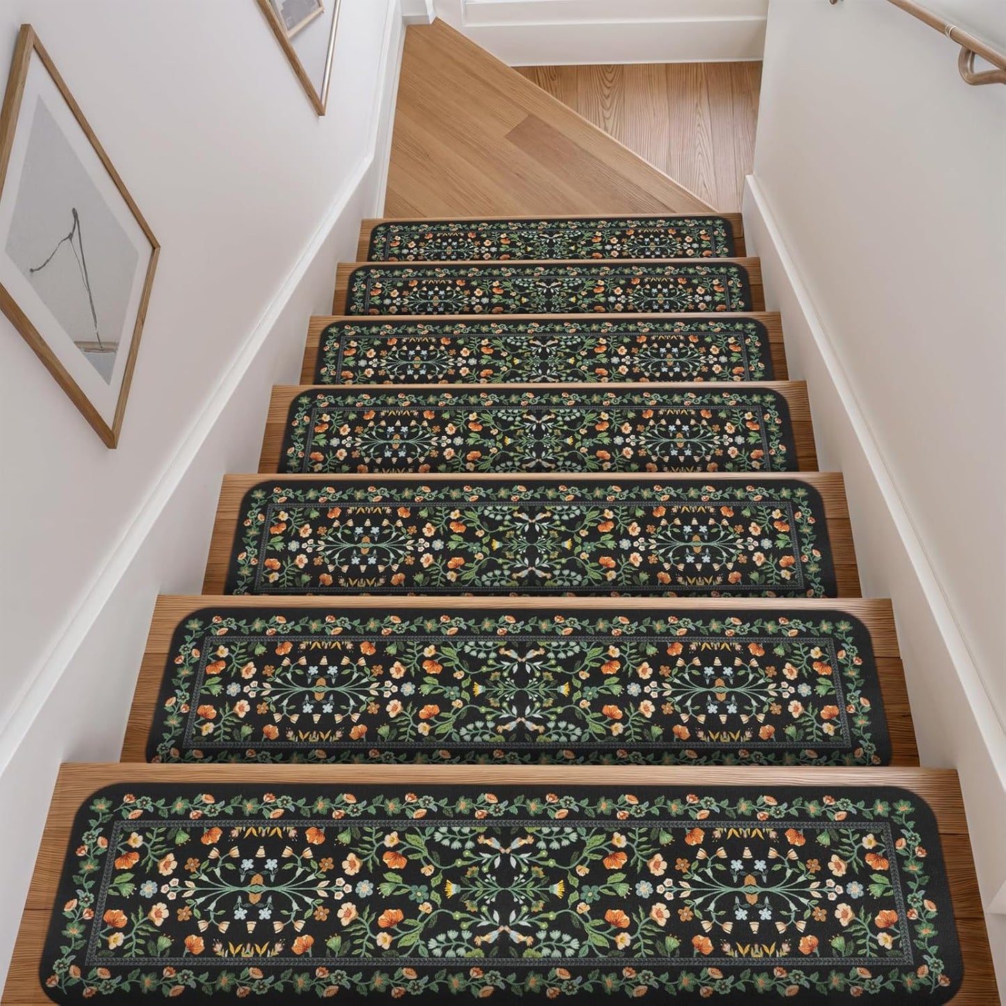 OJIA Floral Stair Treads Non-Slip Carpet Stair Treads for Wooden Steps Indoor 15PCS 30"x8" Stair Runner Stair Mats Staircase Step Treads for Kids, Elders and Dogs, Stair Covers, Black