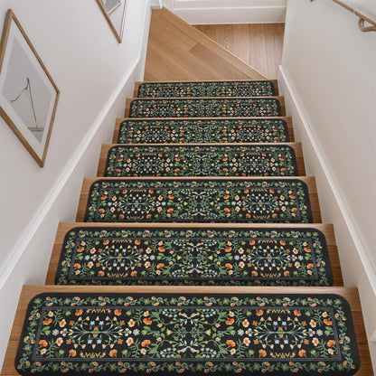 OJIA Floral Stair Treads Non-Slip Carpet Stair Treads for Wooden Steps Indoor 15PCS 30"x8" Stair Runner Stair Mats Staircase Step Treads for Kids, Elders and Dogs, Stair Covers, Black