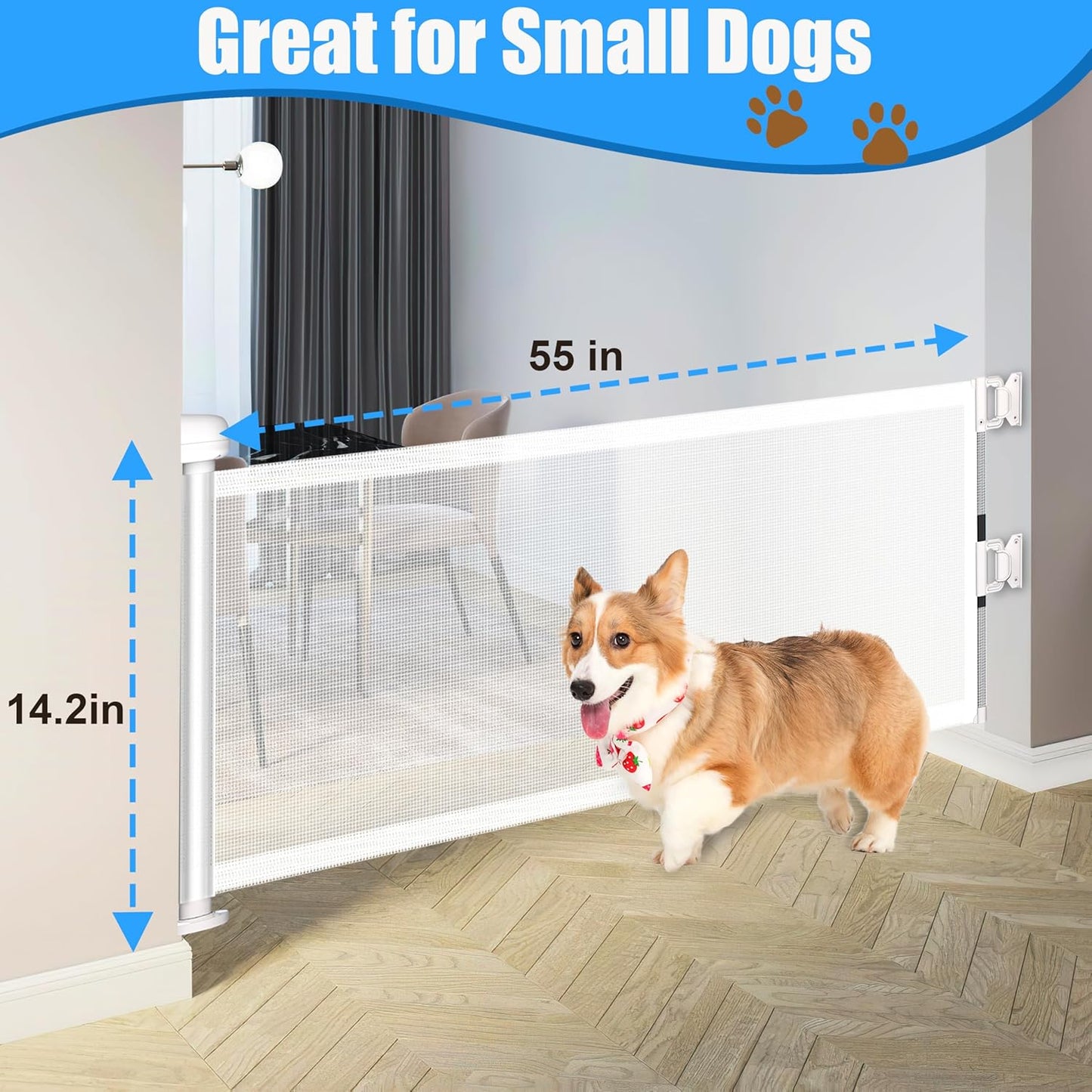 2 Pack Short Dog Gate Pet Gates Puppy Gate 14" H 59" Wide Step Over Pet Fence, Mesh Retractable Indoor Outdoor Expands Up to 59 Inches Small Dog Gates for Doorways Stairs