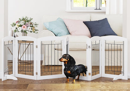 PAWLAND Free Standing Dog Gates for The House Stairs Doorways Indoor Foldable Wooden Small White Puppy Pet Gate Step Over Fence 60" W 24" H 3 Panels