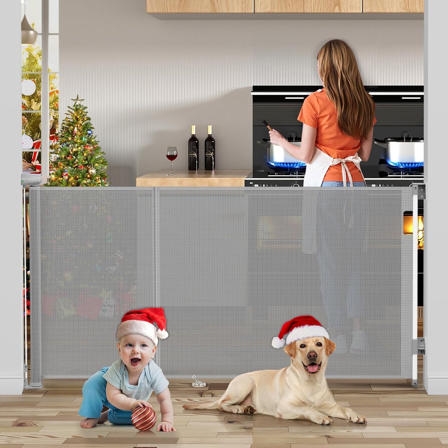 Uamector 138-Inch Extra Wide Retractable Baby Gate & Dog Gate, Reinforced Mesh Safety Gate Adjustable for Large Openings - Stairs, Doorways, Hallways - Indoor/Outdoor Use