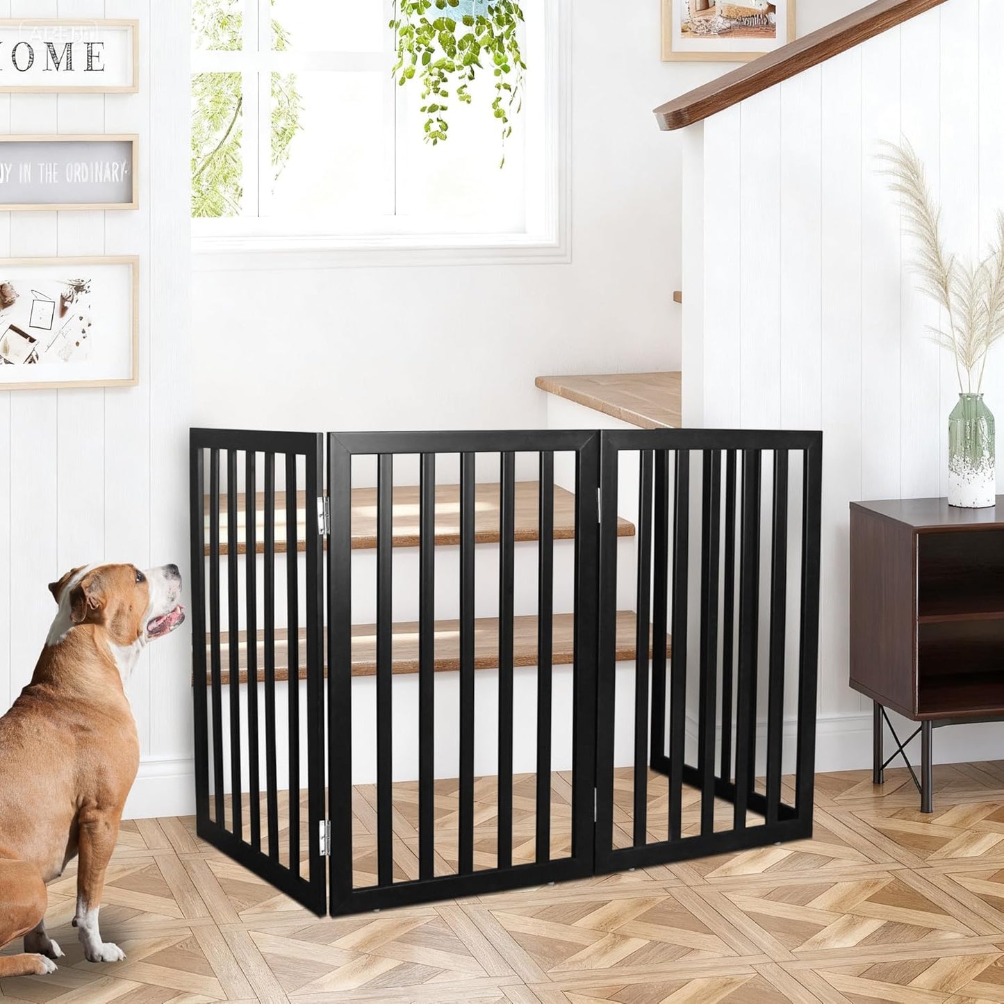 ZJSF Freestanding Indoor Dog Gate for House Foldable Wood Brown Puppy Gate for Doorways Pet Gate for Stairs Extra Wide Pet Fence 24" Height 2 Panels