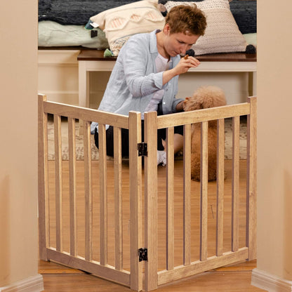 LZRS 2-Panel Wooden Free Standing Foldable Dog Gate Indoor – Solid Hardwood 24" High, Step-Over Safety Pet Gate for Doorways, Stairs & Small Spaces - Indoor Use, White