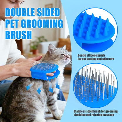 Upgraded Double-Sided Dog Brush for Shedding & Deshedding, Silicone Pet Bath Brush for Long Short Haired Dogs and Cats, Dog Grooming Brush for Shower, Massage, 3-in-1 Hair Removal Comb