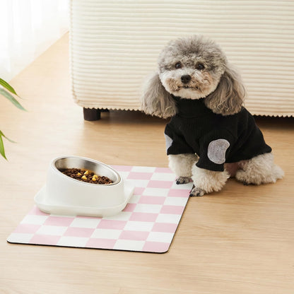 Checkered Dog Feeding Mat, Absorbent Mats for Dog Food and Water Bowl, Dispenser, Retro Aesthetic Khaki Beige Checkerboard Pet Placemat for Dogs, Cats, Puppy Accessories, 12" X 19”