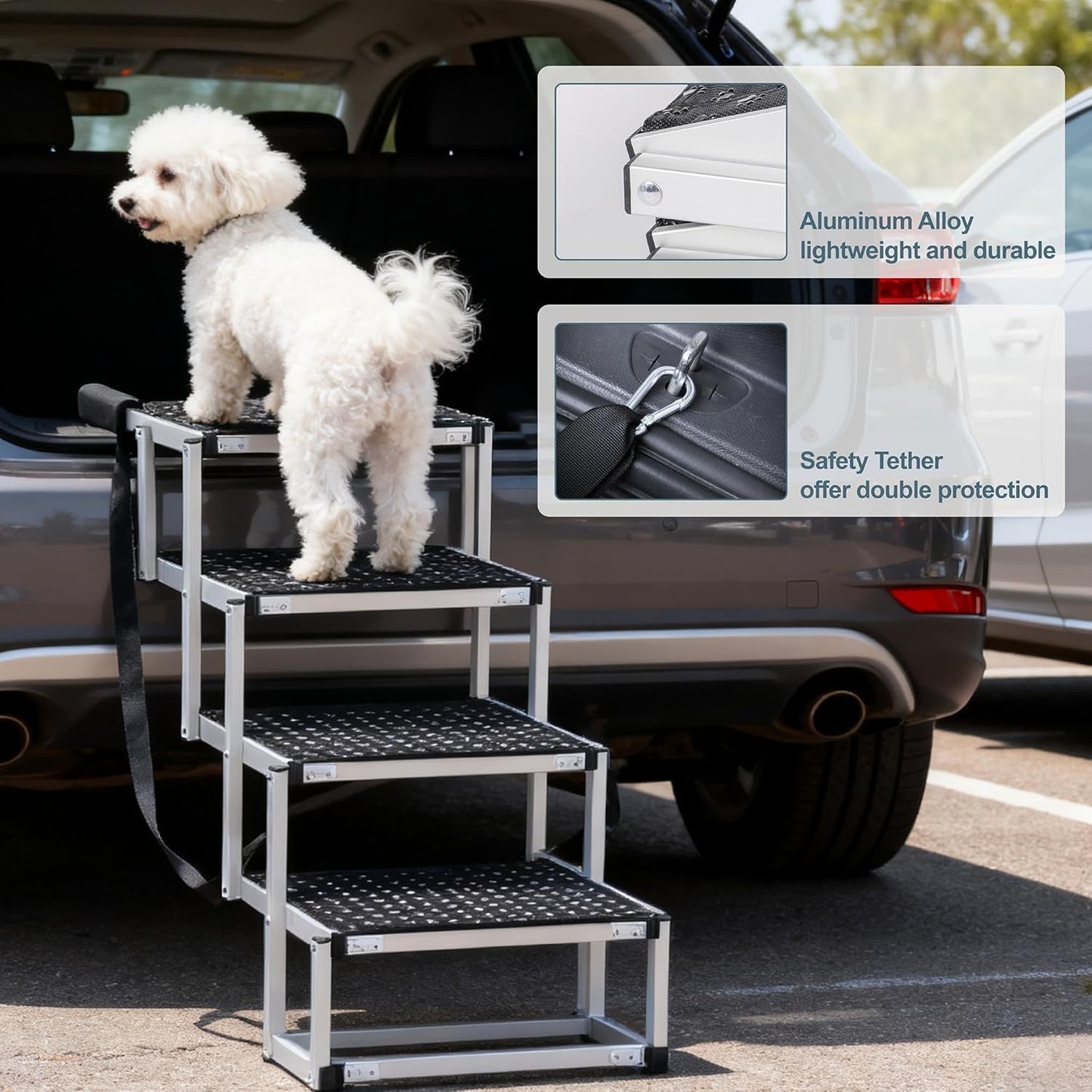 Foldable Dog Stairs for Cars, 4 Steps Wide Dog Ramp for Large Dogs with Non-Slip Surface, Lightweight Aluminum Foldable Steps for High Beds, Cars, SUVs, Trucks, Supports up to 250 lbs