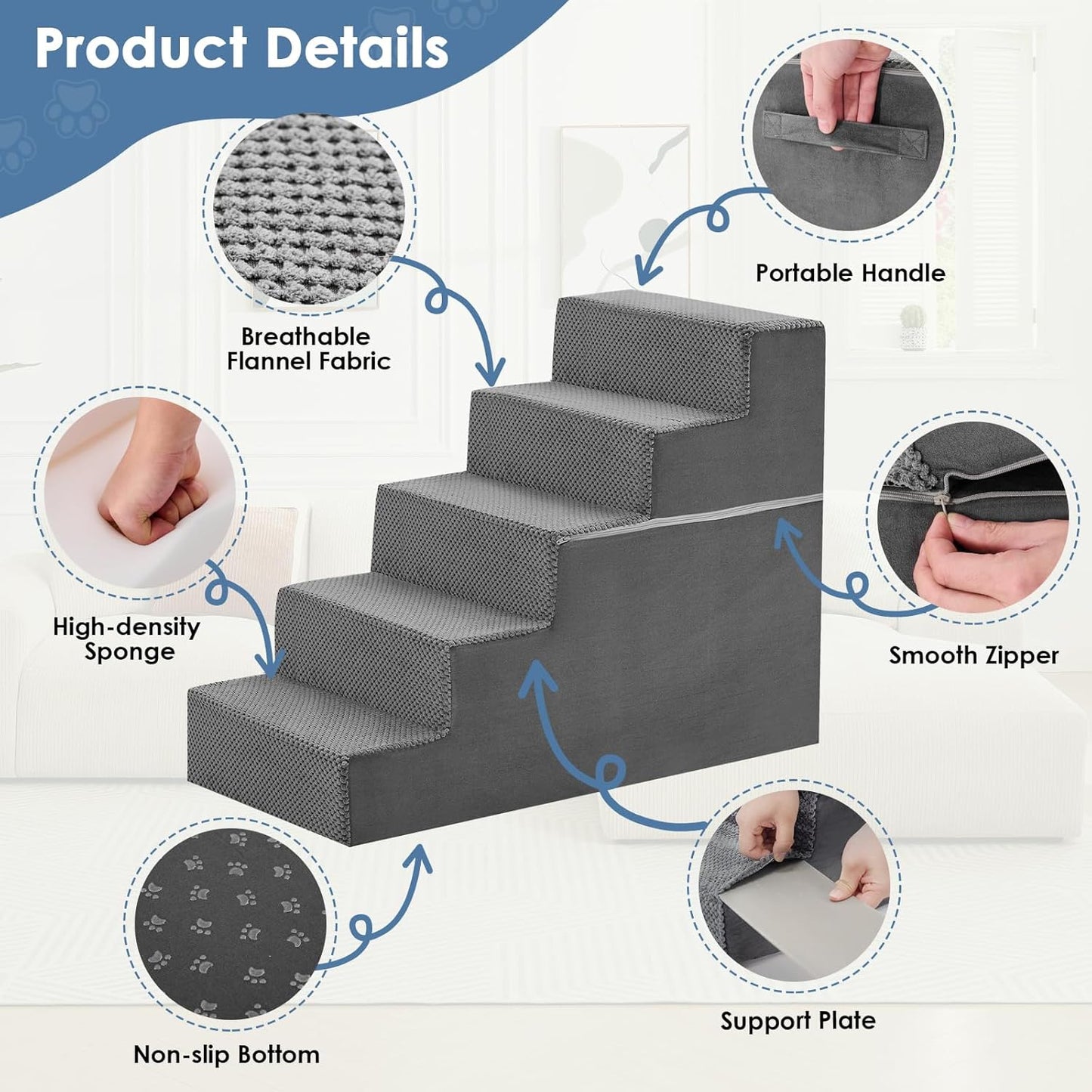 DUMOS Dog Stairs for Small and Medium Dogs, 3-Step Pet Steps with High-Density Foam, Indoor Non-Slip Pet Ramp for Puppy and Older Dogs Cats, Dog Bed Stairs for Couch and Sofa, Grey