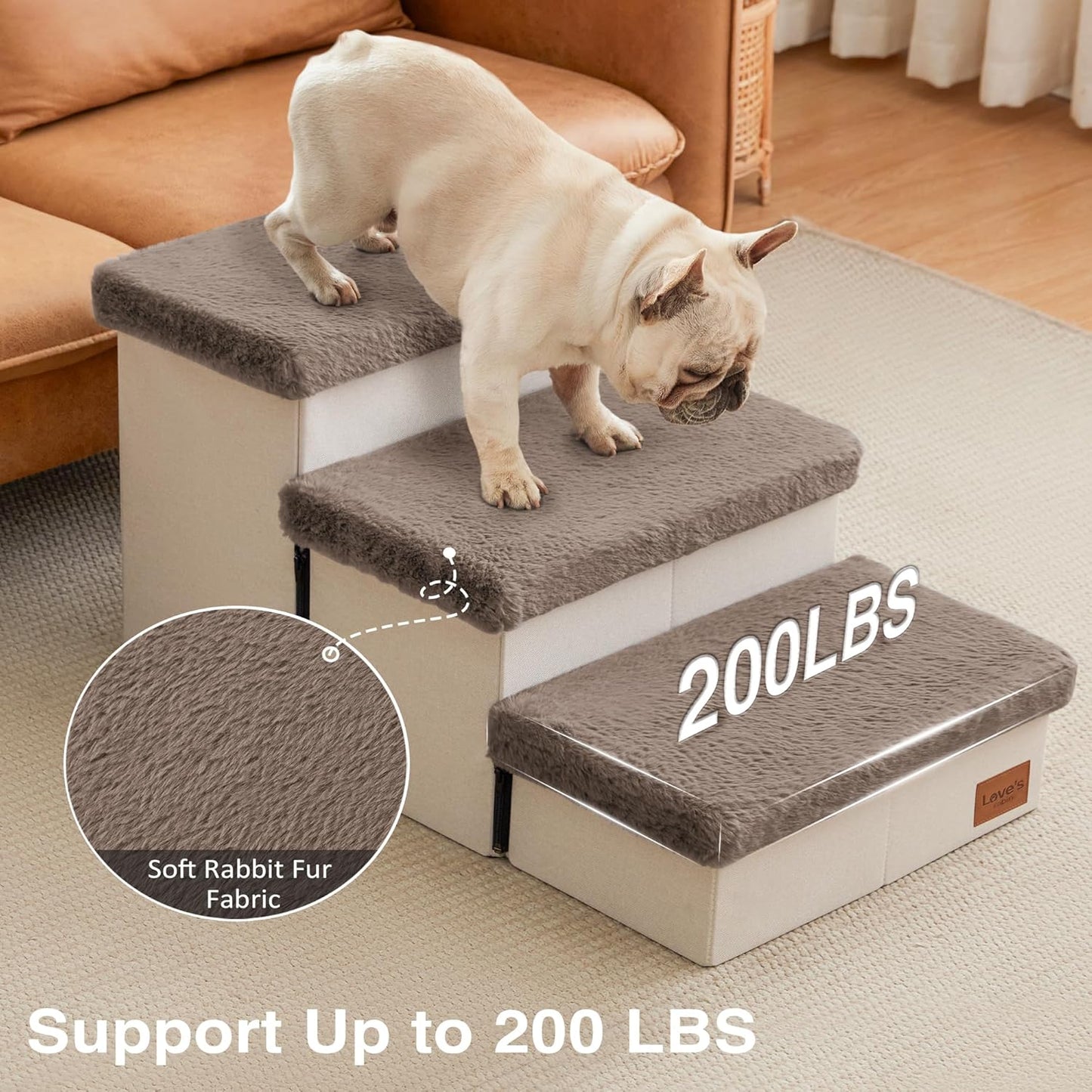 Love's cabin Dog Stairs with Storage 13" H, Foldable Pet Stairs for Small Medium or Large Dogs, Cat Puppy Steps Ramp with Zip up to 150 lbs, Solid Grey, 2 Steps