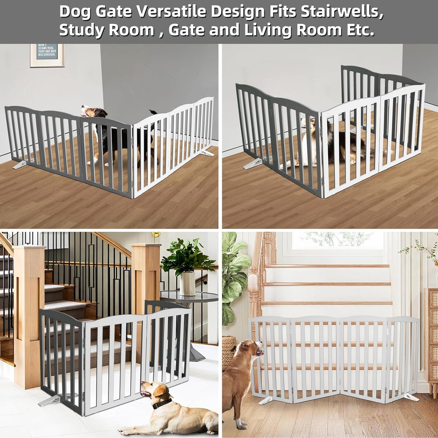 Freestanding Dog Gate Indoor,Doggie Gate Foldable Dog Gates for Doorways,Stairs or Hallways, Wooden White Pet Gate for the House, Pet Fence with Support Feet Included,24 "Height-4 Panels