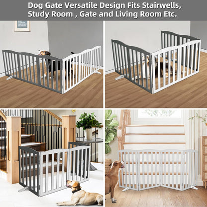 Freestanding Dog Gate Indoor,Doggie Gate Foldable Pet Gates for Doorways,Stairs or Hallways, Wooden Brown Pet Gate for the House, Pet Fence with Support Feet Included,24 "Height-3 Panels