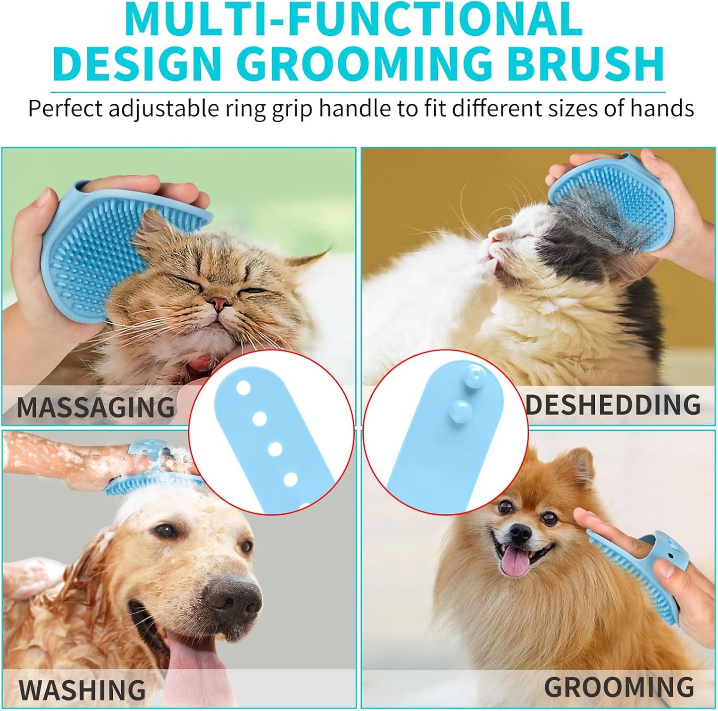 Comotech 3-in-1 Dog Grooming Brush | Adjustable Handle Shampoo Brush & Scrubber for Short & Long Haired Dogs & Cats (Blue Blue White)