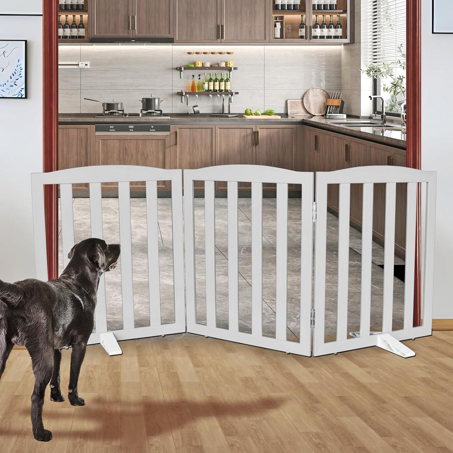 Freestanding Dog Gate Indoor,Doggie Gate Foldable Dog Gates for Doorways,Stairs or Hallways, Wooden White Pet Gate for the House, Pet Fence with Support Feet Included,24 "Height-4 Panels