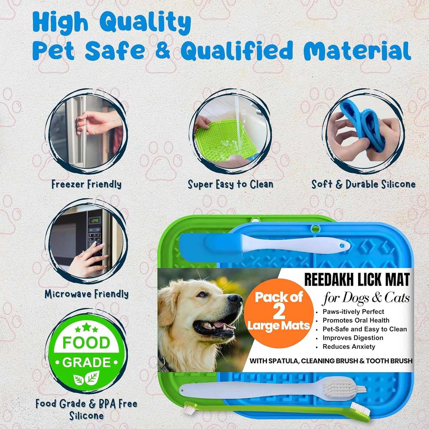Large Licking Mats for Dogs and Cats, Slow Feeder Lick Pad with Suction Cups for Dog Training,Peanut Butter Licking Pad for Boredom Reducer (2 Lick Mats with Free Spatula, Tooth Brush, cleaning Brush)