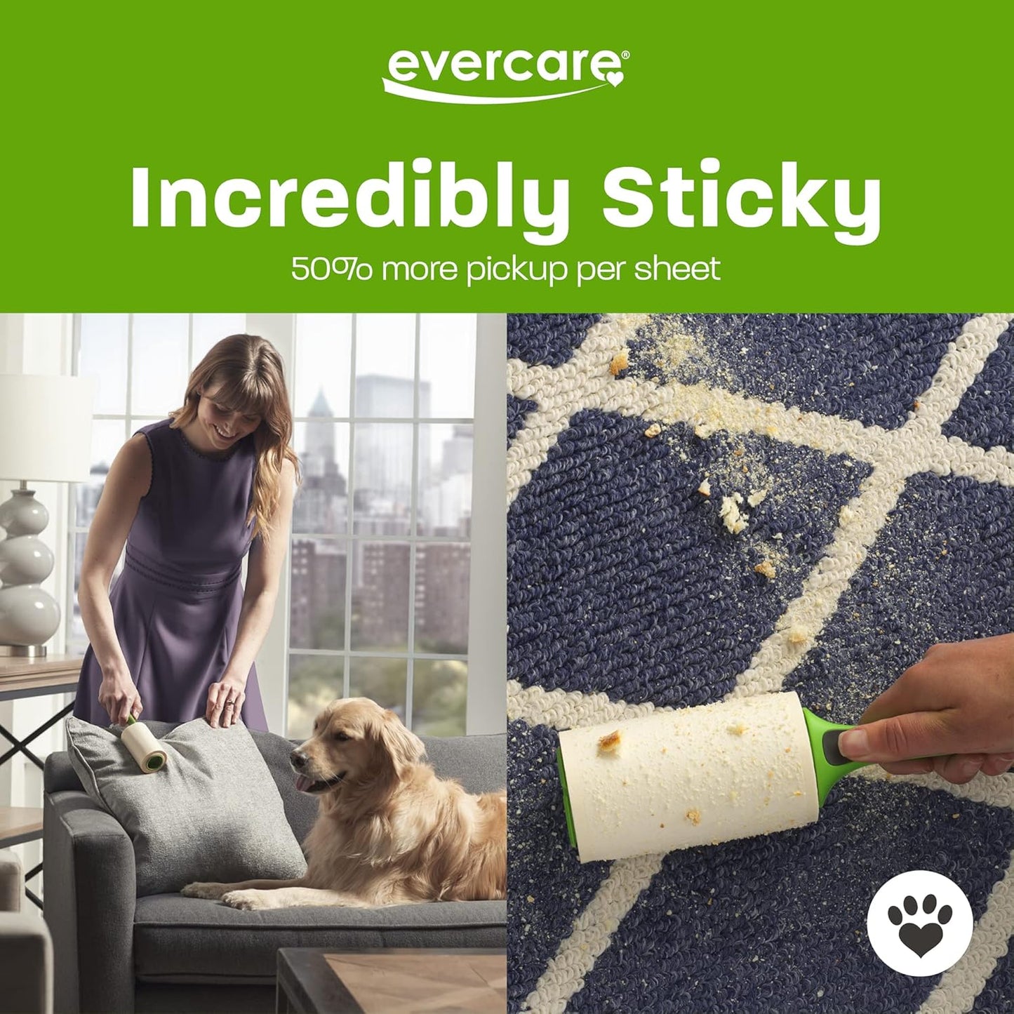 Evercare Pet Lint Roller Refill, Manual Operation, 60 Sheets per Roll, 6 Count Refill Pack for Pet Hair Removal, Green