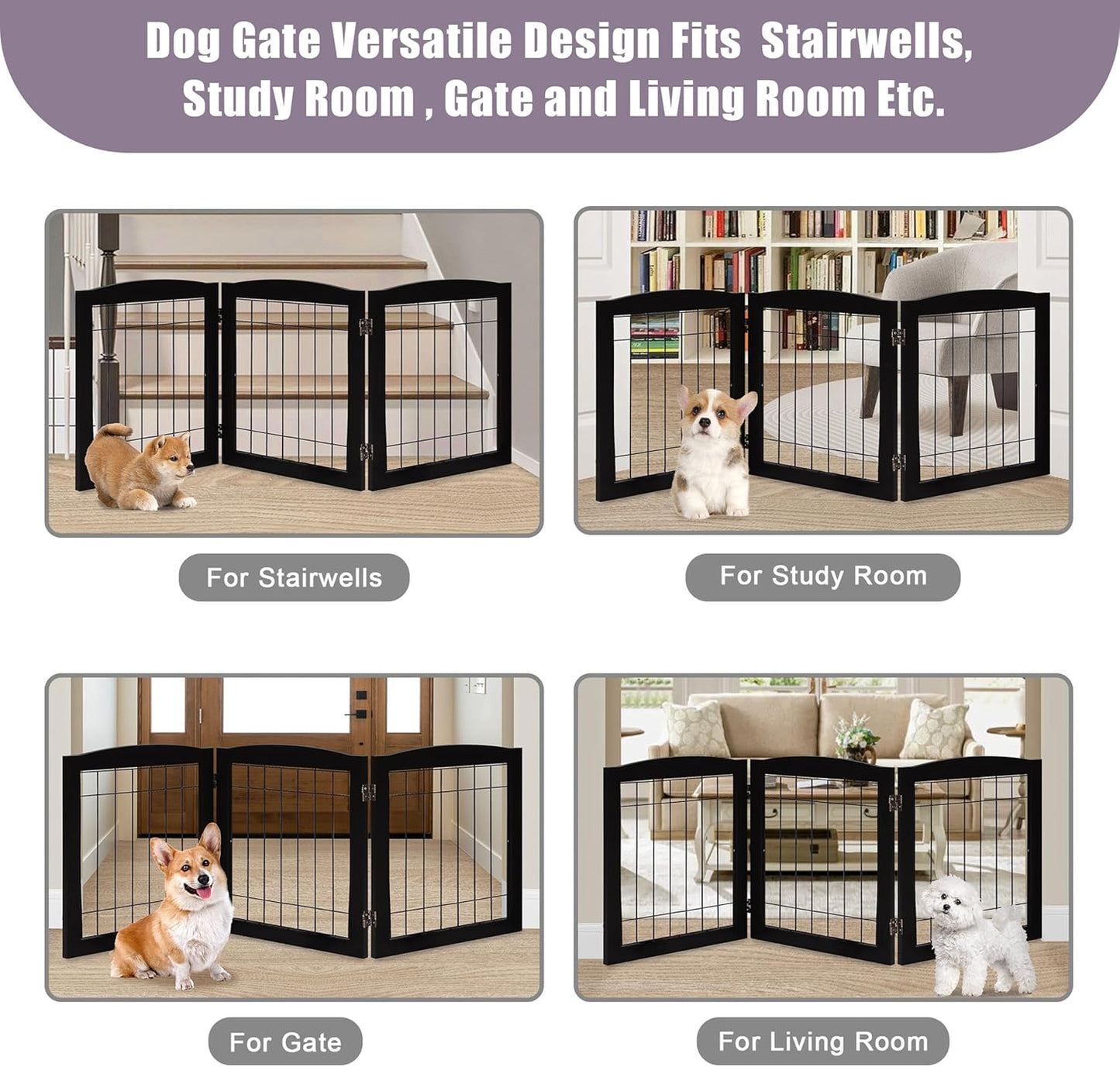 LZRS 2-Panel Freestanding Foldable Wood Dog Gate – Solid Wood & Steel Wire, Chew-Resistant Pet Barrier for Indoor Use, Ideal for Small to Medium Dogs, White