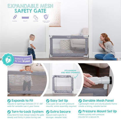 Regalo Safety 27.5-50” Extra Wide Mesh Baby Gate for Doorways & Hallways, Expandable Pressure Mounted Baby Gate for Toddlers & Pets, Includes Rubber Bumpers, Gray