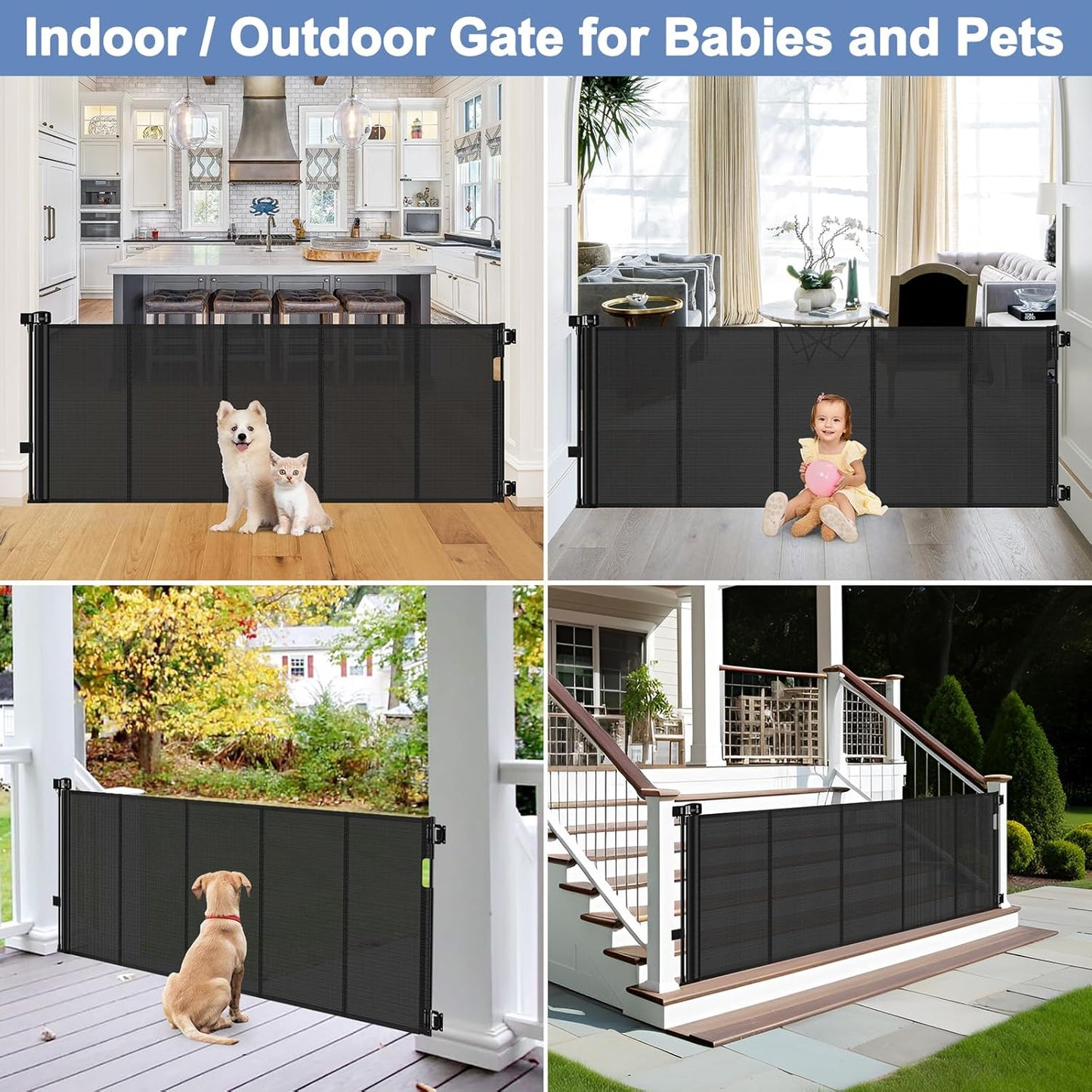 Reinforced 90 Inch Retractable Baby Gates Extra Wide Baby Gate with Reinforced Strips, 7.5ft Long Retractable Dog Gate for The House 33 Inch Tall Extra Long Pet Gates for Wide Openings, Black