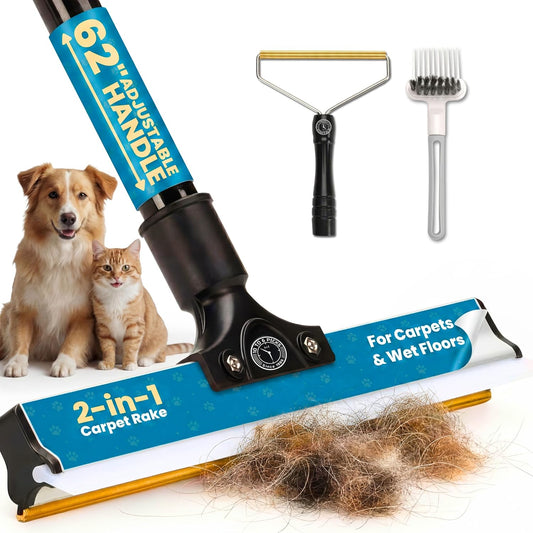 62" Carpet Rake for Pet Hair Removal – Adjustable Carpet Broom Bundle with Carpet Scraper & Hair Picker, Pet Hair Removal Tool for Dog & Cat Hair, Rug Rake Carpet Brush for Furniture & Carpets
