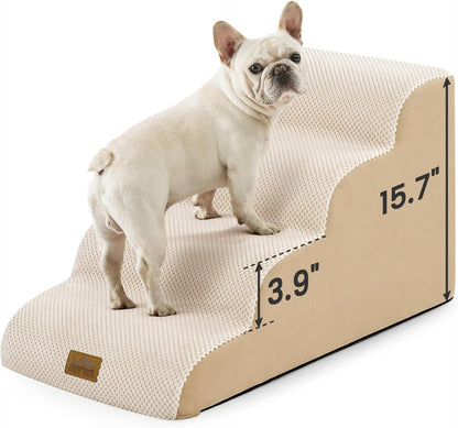 COZY KISS Dog Stairs for Small Dogs 15.7" H, 4-Step Sturdy Foam Dog Steps for Couch and Bed, Curved Pet Stairs for Puppy and Older Cat, Doggie Ladder with Washable Cover, 15.7x28.3x15.7 inch, Beige