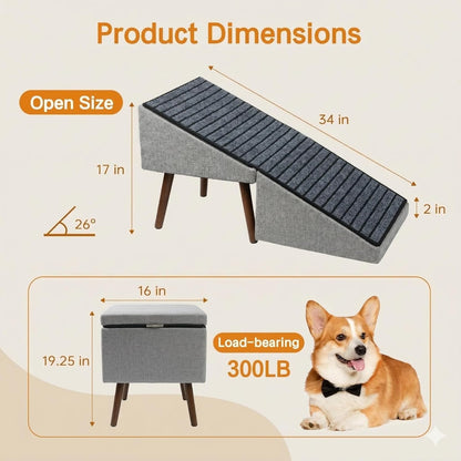 2-in-1 Dog Ramp and Stairs for Bed and Couch, 17 Inch High,Foldable Ottoman Ramp with Non-Slip Replaceable Carpet, Joint Relief for Small and Large Dogs