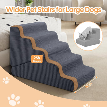 Dog Ramp for Bed, 23" H Dog Stairs for High Bed, 2 in 1 Pet Steps for Small Dogs, 5-Step Foldable Transformable Large Cats Ramp to Get on Couch, Non-Slip Balanced, Grey