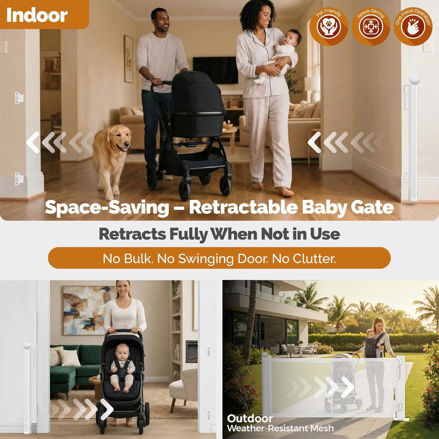 Retractable Baby Gate - 118" Extra Wide Mesh Dog Gate with Support Rods - 34" Tall for Stairs, Doorways, Hallways - Drill or No-Drill - Pet & Cat Gate - Outdoor/Indoor (Black, 9.84 ft)