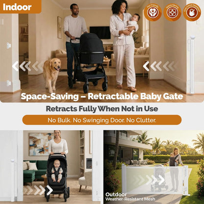 Retractable Baby Gate - 118" Extra Wide Mesh Dog Gate with Support Rods - 34" Tall for Stairs, Doorways, Hallways - Drill or No-Drill - Pet & Cat Gate - Outdoor/Indoor (Black, 9.84 ft)