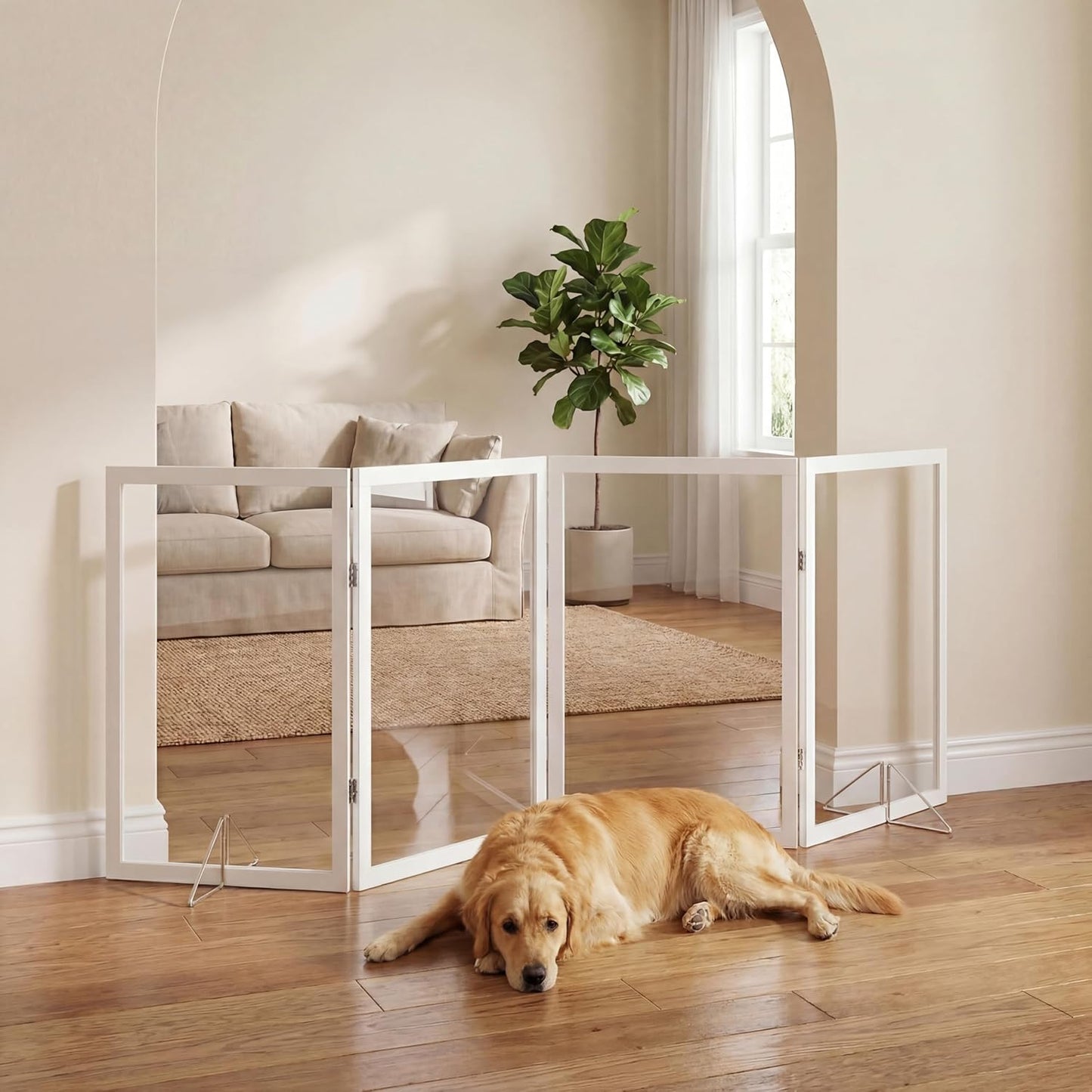 Extra Wide Clear Dog Gate，6 Panel (107.957" W*31.5" Tall) Wooden Dog Gate, Clear Acrylic Pet Gate，Transparent Freestanding Pet Gate for Doorways Stairs