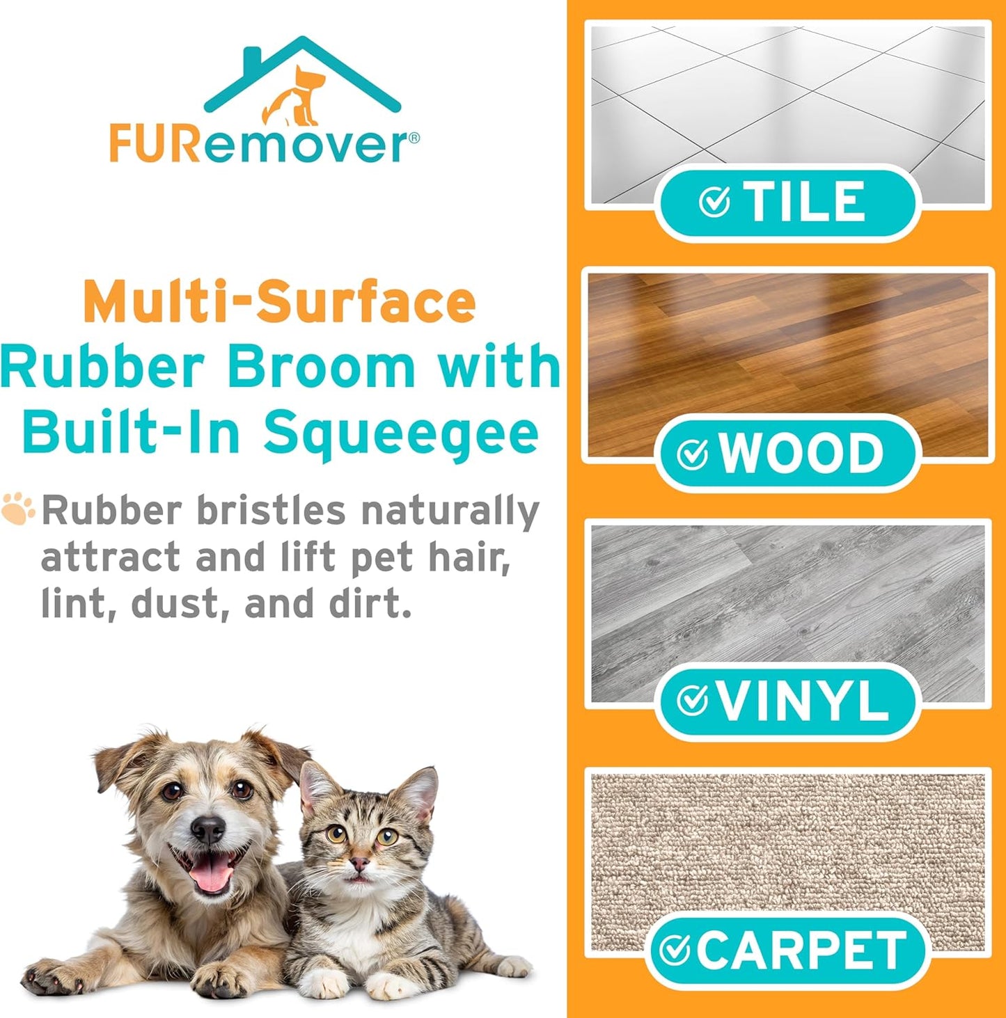 FURemover Pet Hair Removal Rubber Broom, 58" Telescopic Handle